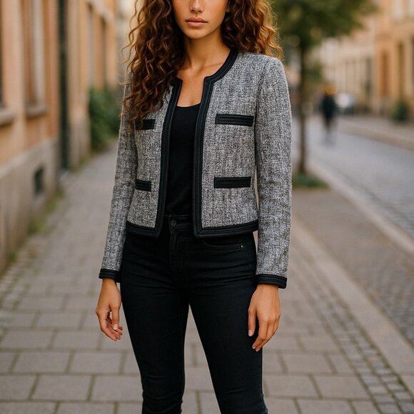 MICHAEL KORS Boucle Tweed Crop Blazer 10 Jacket Grosgrain Ribbon Black Blue - Picture 1 of 16